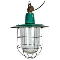 Green Enamel and Cast Iron Industrial Cage Pendant Light, 1960s