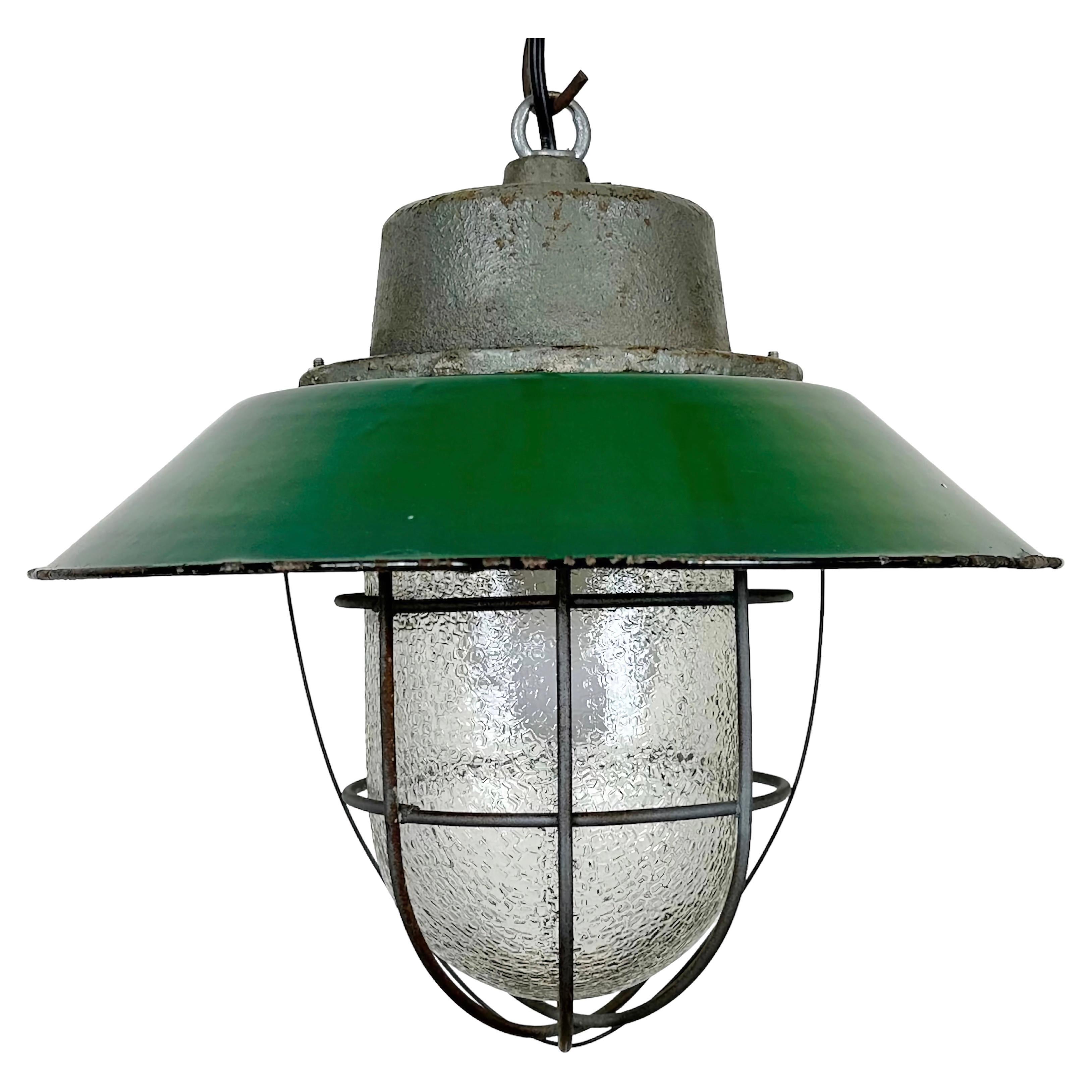 Green Enamel and Cast Iron Industrial Cage Pendant Light, 1960s For Sale