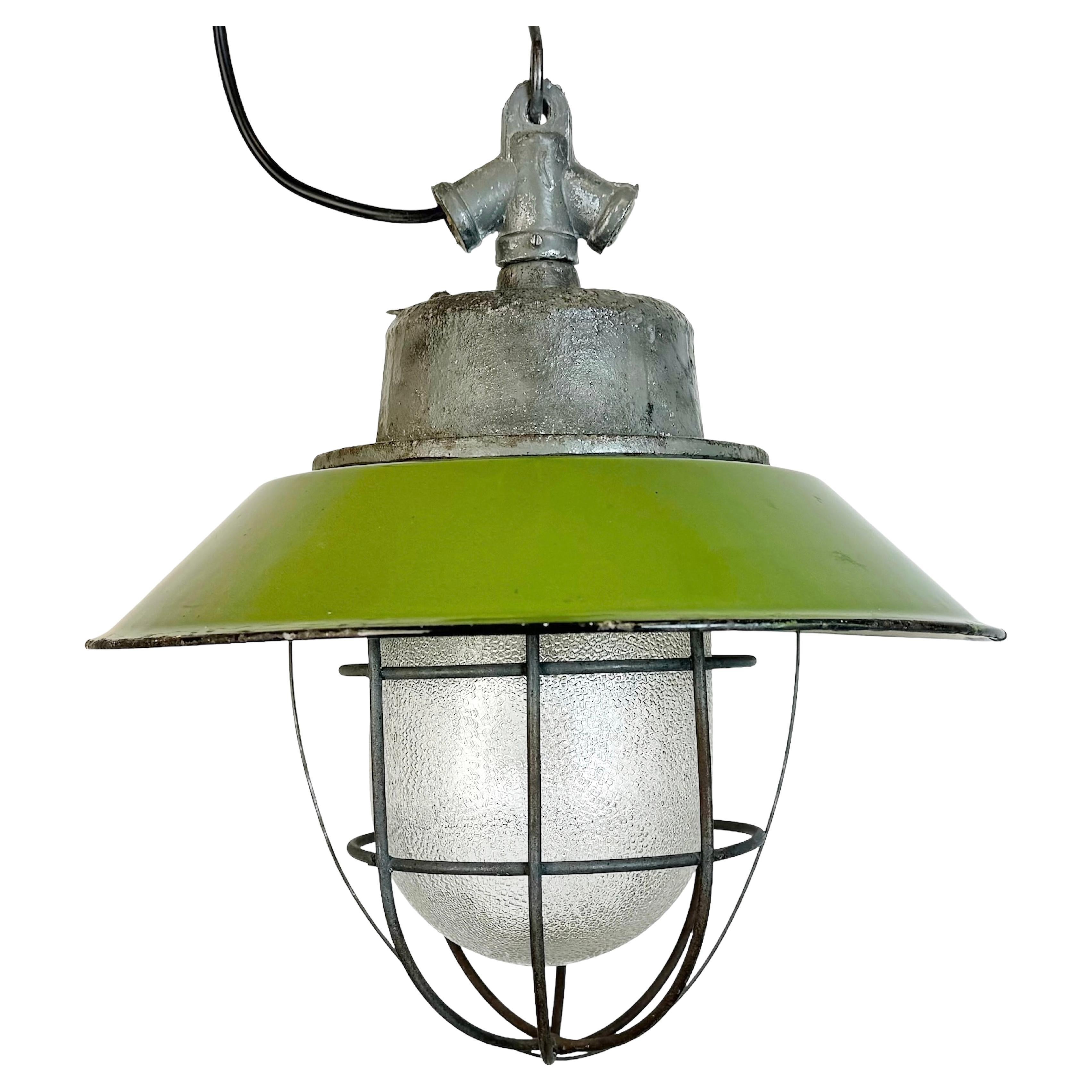 Green Enamel and Cast Iron Industrial Cage Pendant Light, 1960s