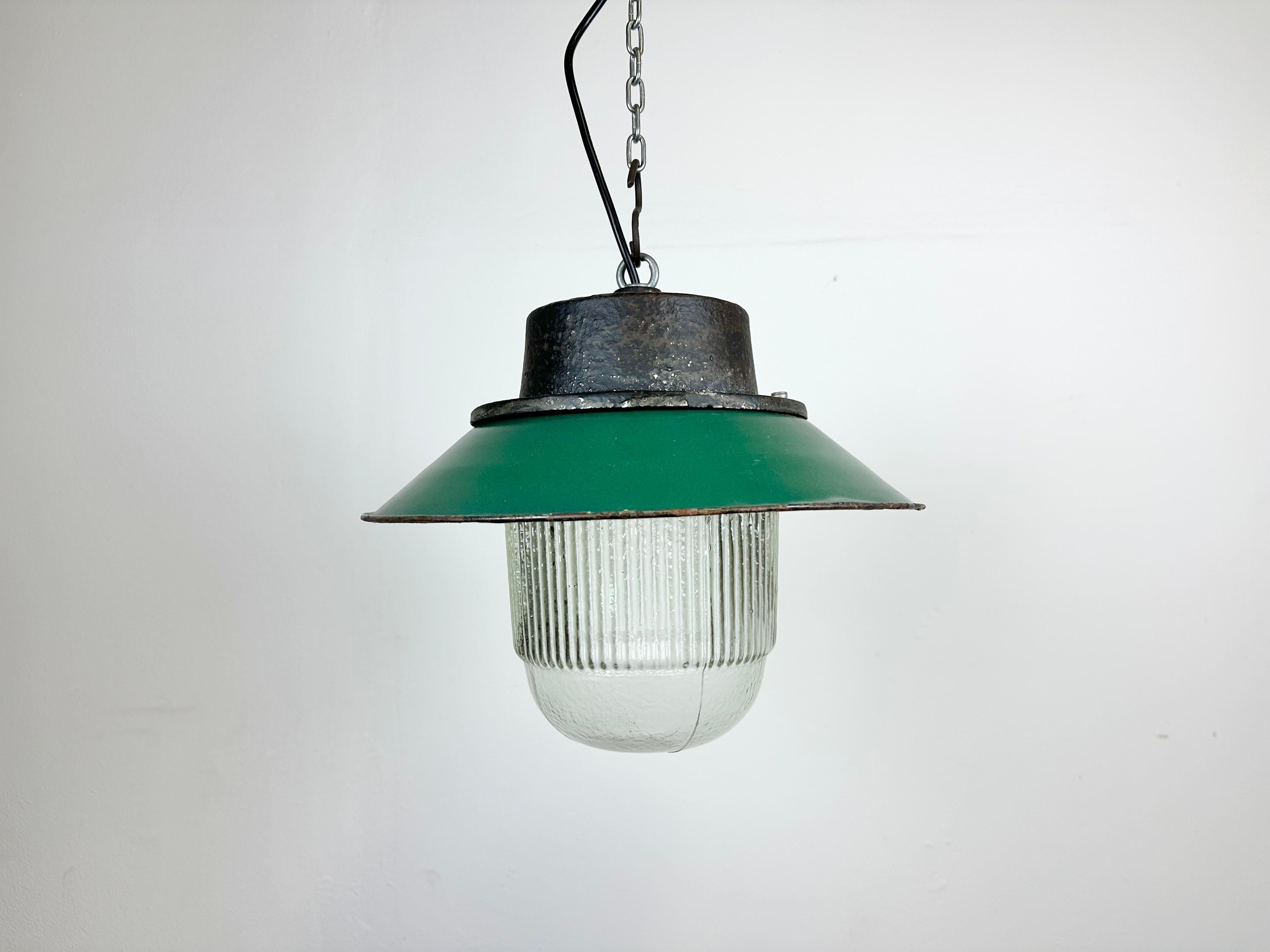 Polish Green Enamel and Cast Iron Industrial Pendant Light, 1960s For Sale