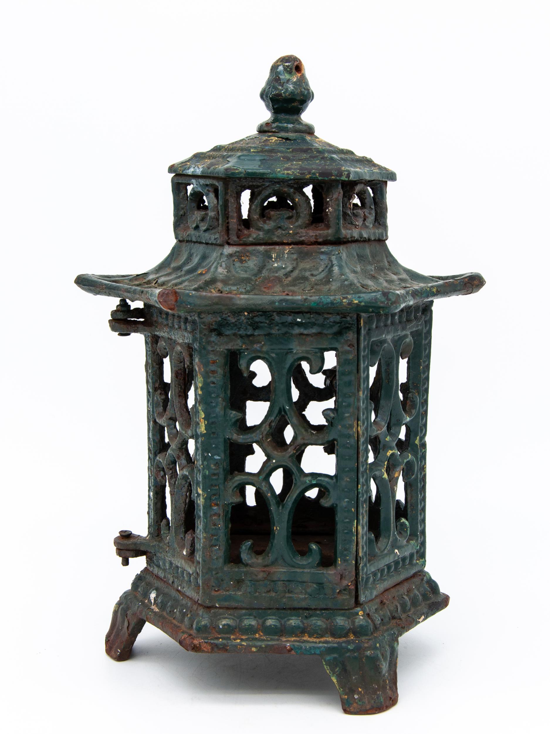 Green Enamel and Cast Iron Lantern In Good Condition In South Salem, NY