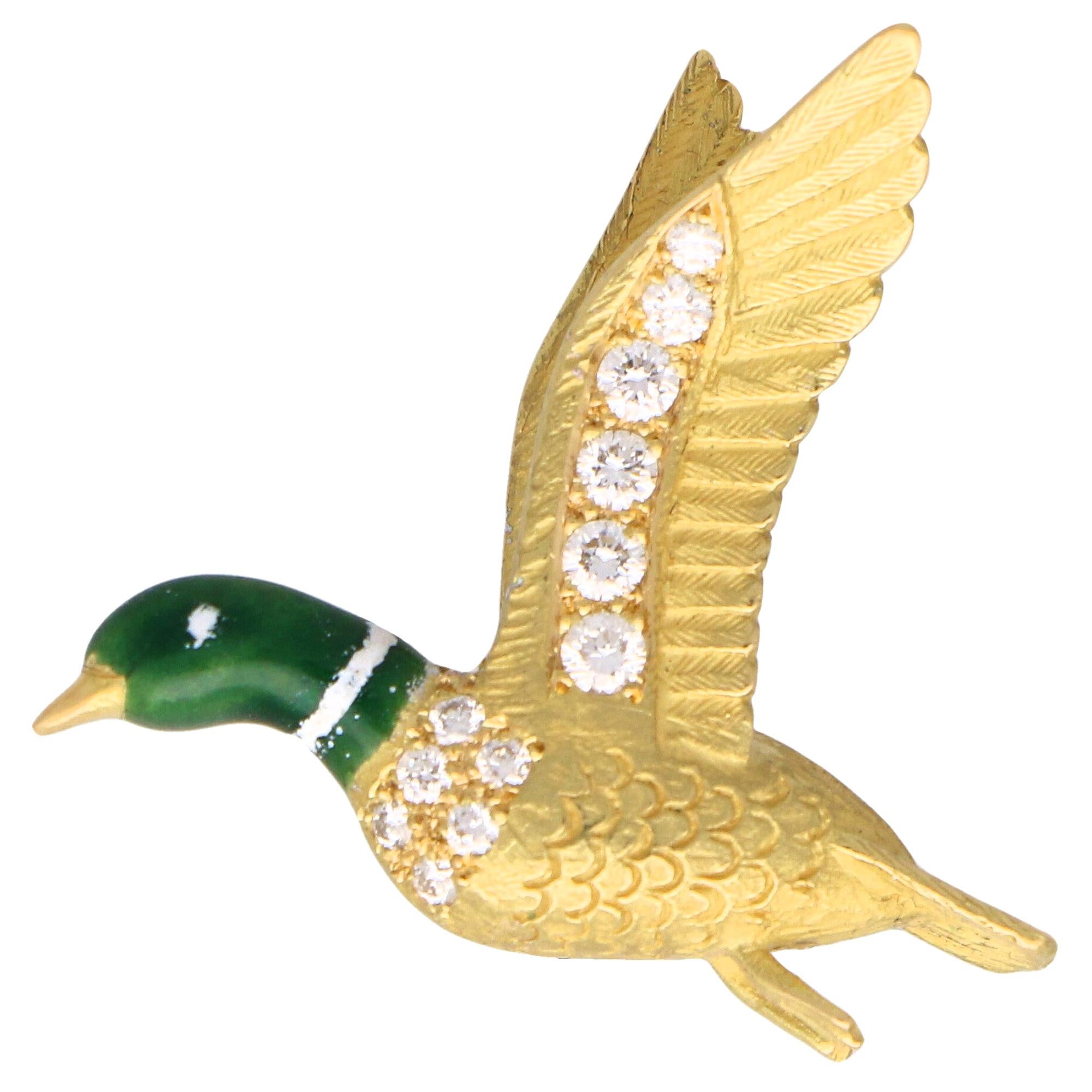 Green Enamel and Diamond Duck Brooch Set in 18 Karat Yellow Gold