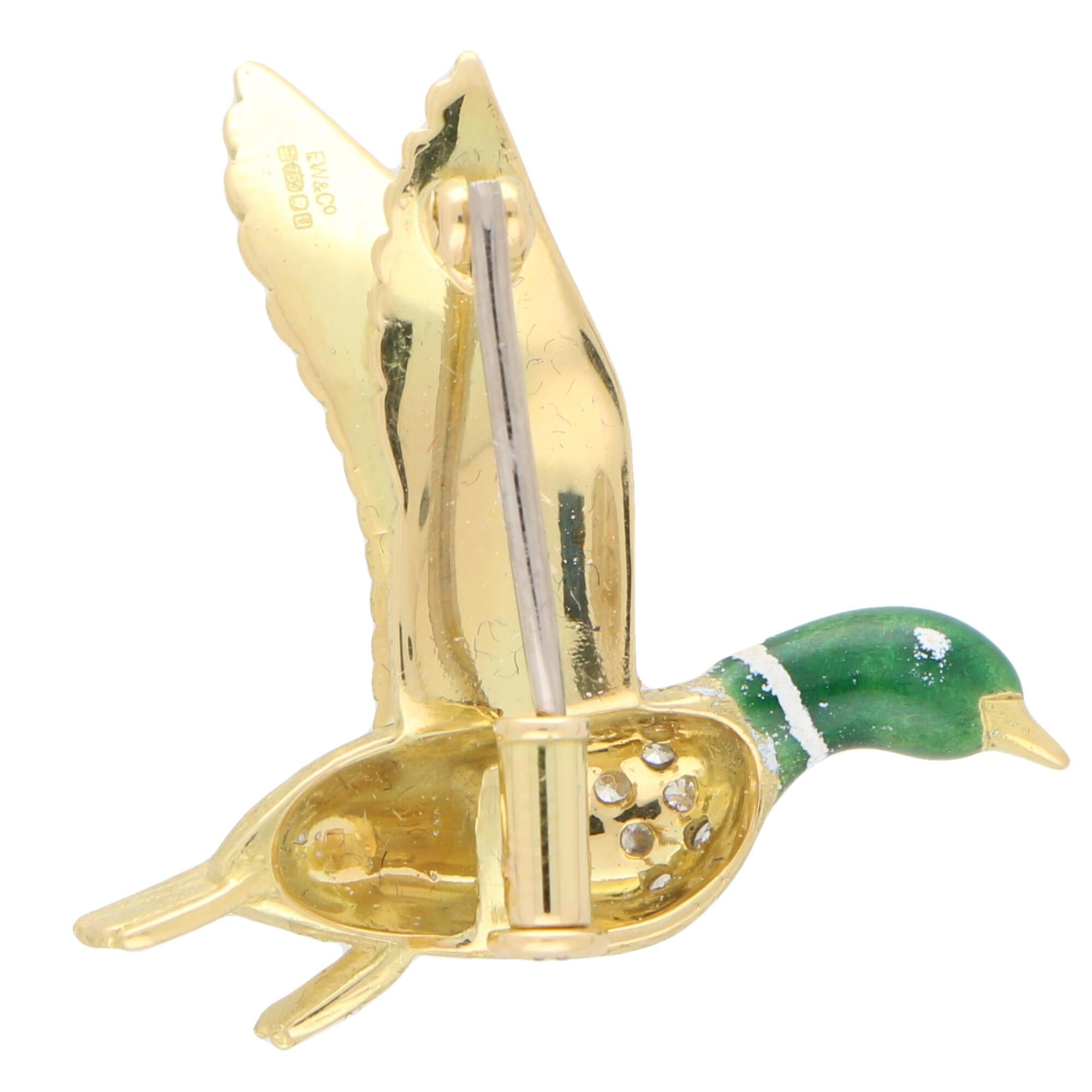 Round Cut Green Enamel and Diamond Duck Brooch Set in 18 Karat Yellow Gold
