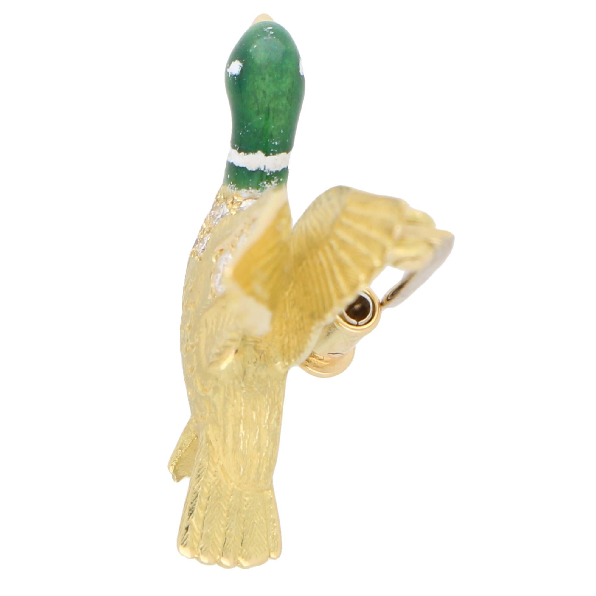 Women's or Men's Green Enamel and Diamond Duck Brooch Set in 18 Karat Yellow Gold