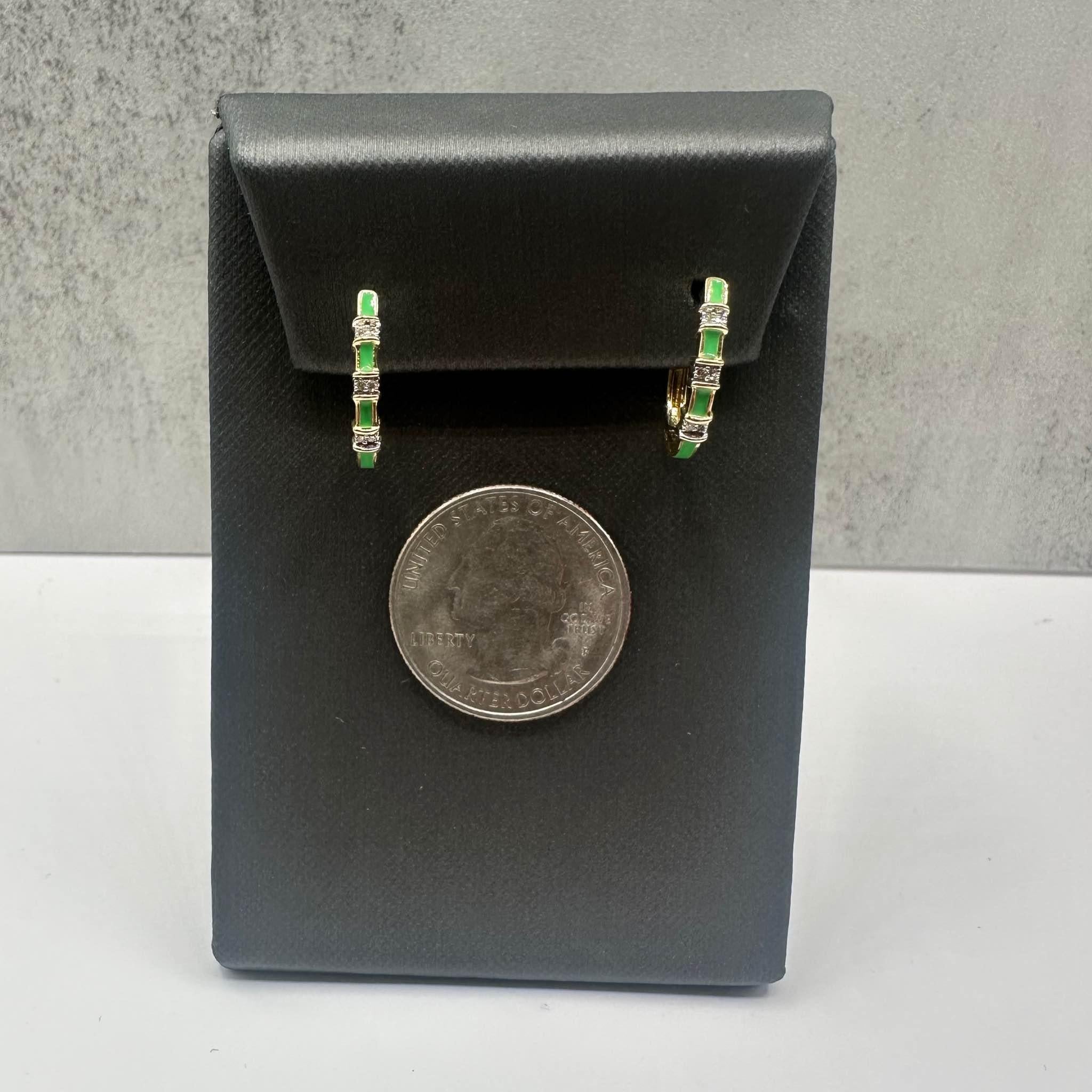 Green Enamel and Diamond Earrings in 14kt Yellow Gold - 0.05ctw GH SI Diamonds In New Condition For Sale In West Hempstead, NY