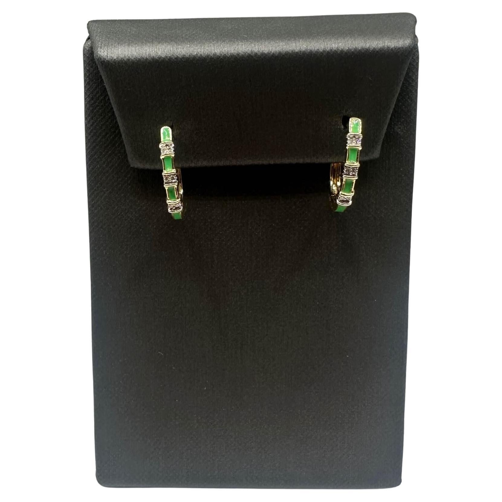 Green Enamel and Diamond Earrings in 14kt Yellow Gold - 0.05ctw GH SI Diamonds