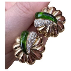 Green Enamel and Diamond Scallop Earrings in 18k Yellow Gold