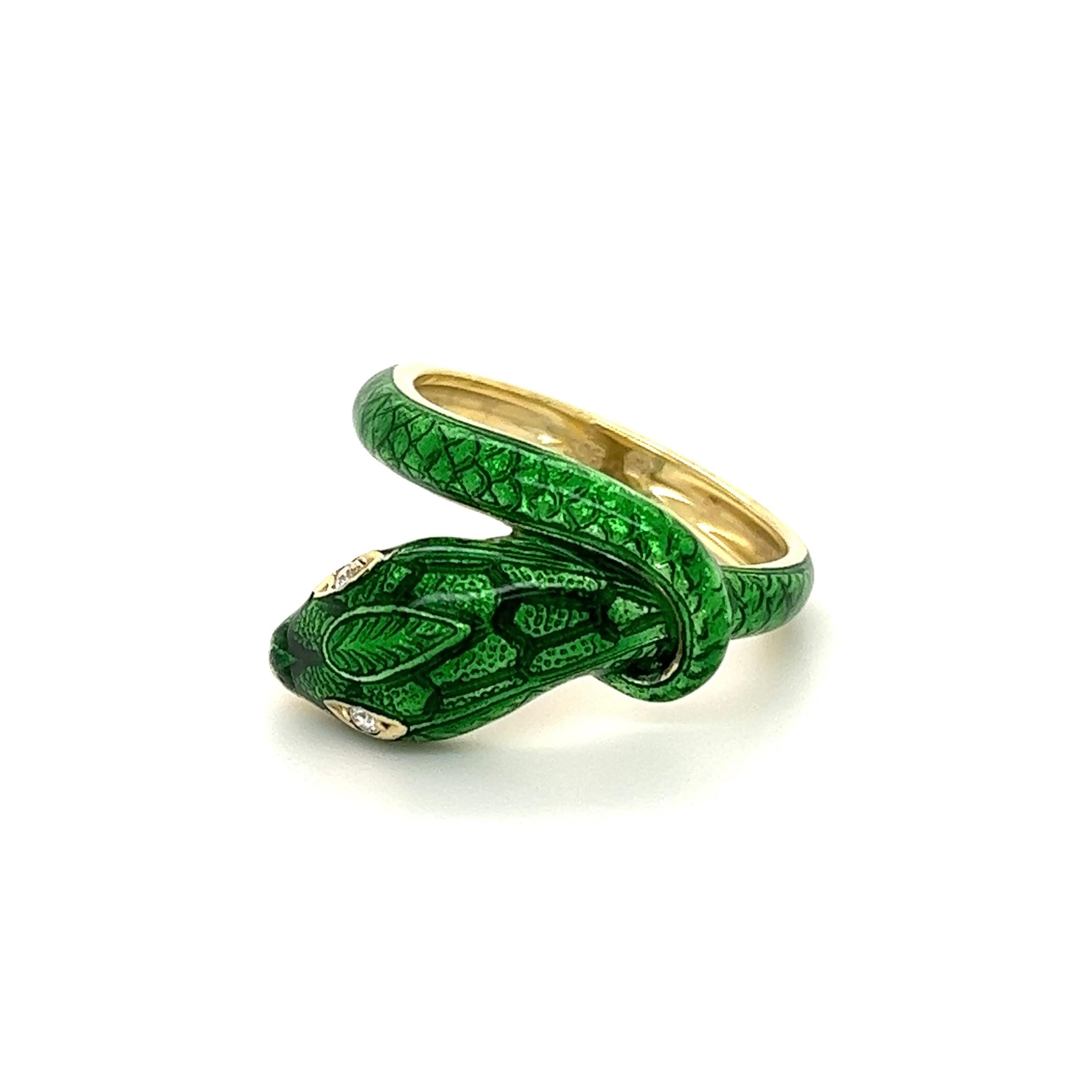 Striking Designer Victor Mayer Serpent Ring. Hand crafted in 14K Yellow Gold. This piece has a wonderful, old-world charm. Hand set Diamond Eyes, approx. 0.02tcw. A wonderful decadent example of the Egyptian Revival style! Size 7.5+. Super Cool