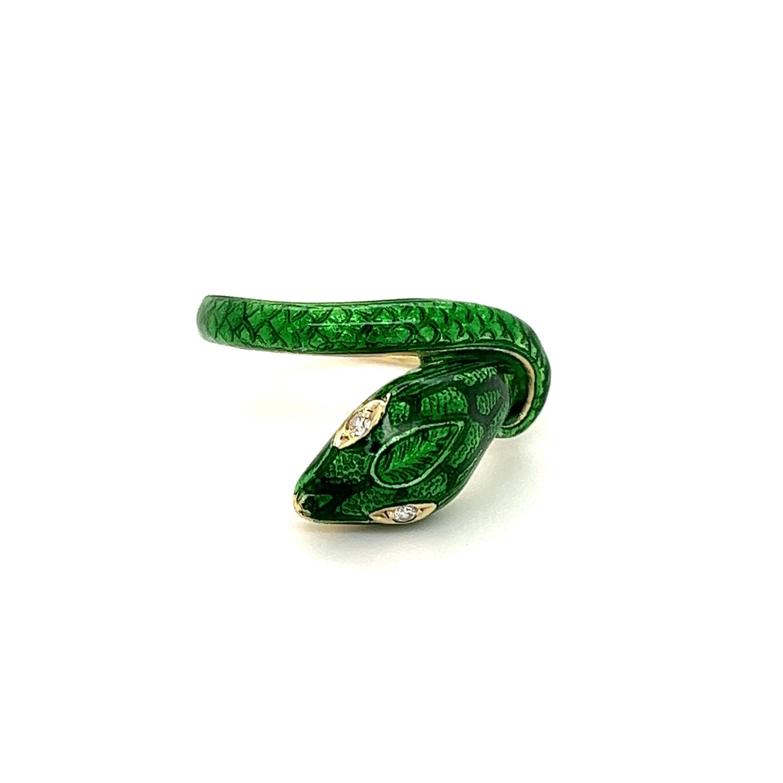 Modern Green Enamel and Diamond Serpent Snake Designer Victor Mayer Gold Ring