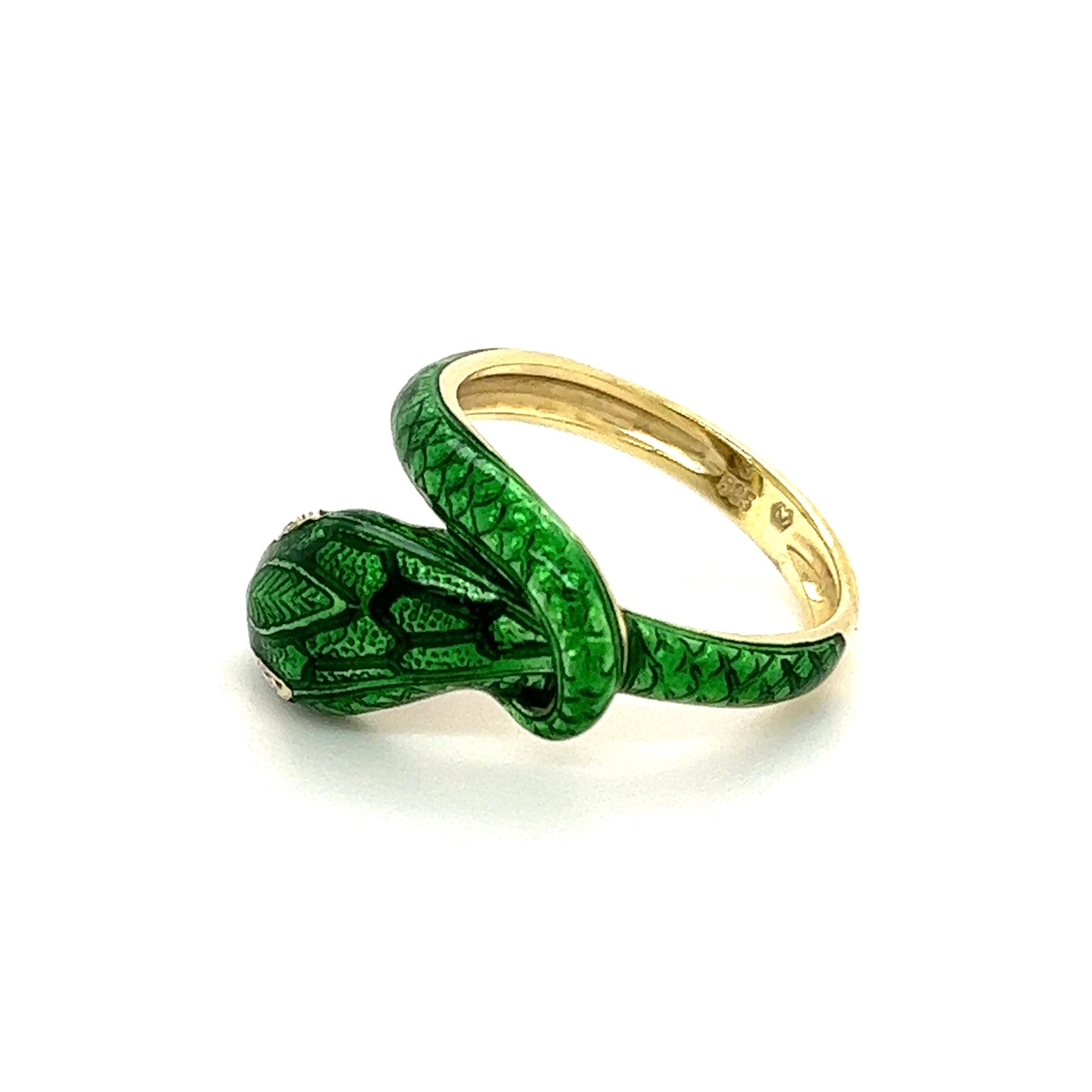 Round Cut Green Enamel and Diamond Serpent Snake Designer Victor Mayer Gold Ring