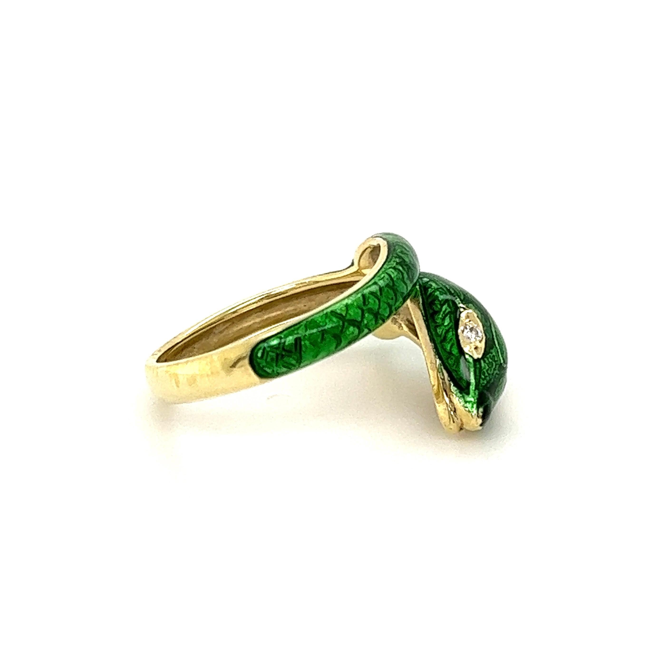 Green Enamel and Diamond Serpent Snake Designer Victor Mayer Gold Ring In Excellent Condition In Montreal, QC