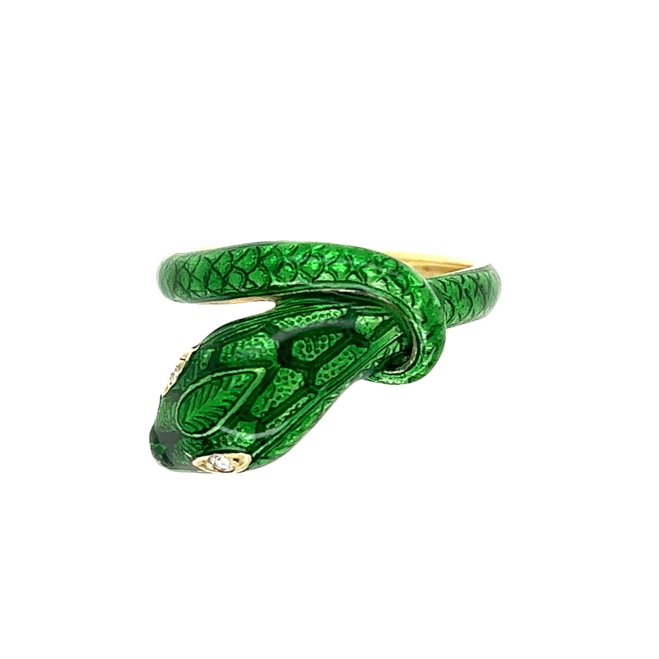 Green Enamel and Diamond Serpent Snake Designer Victor Mayer Gold Ring 1