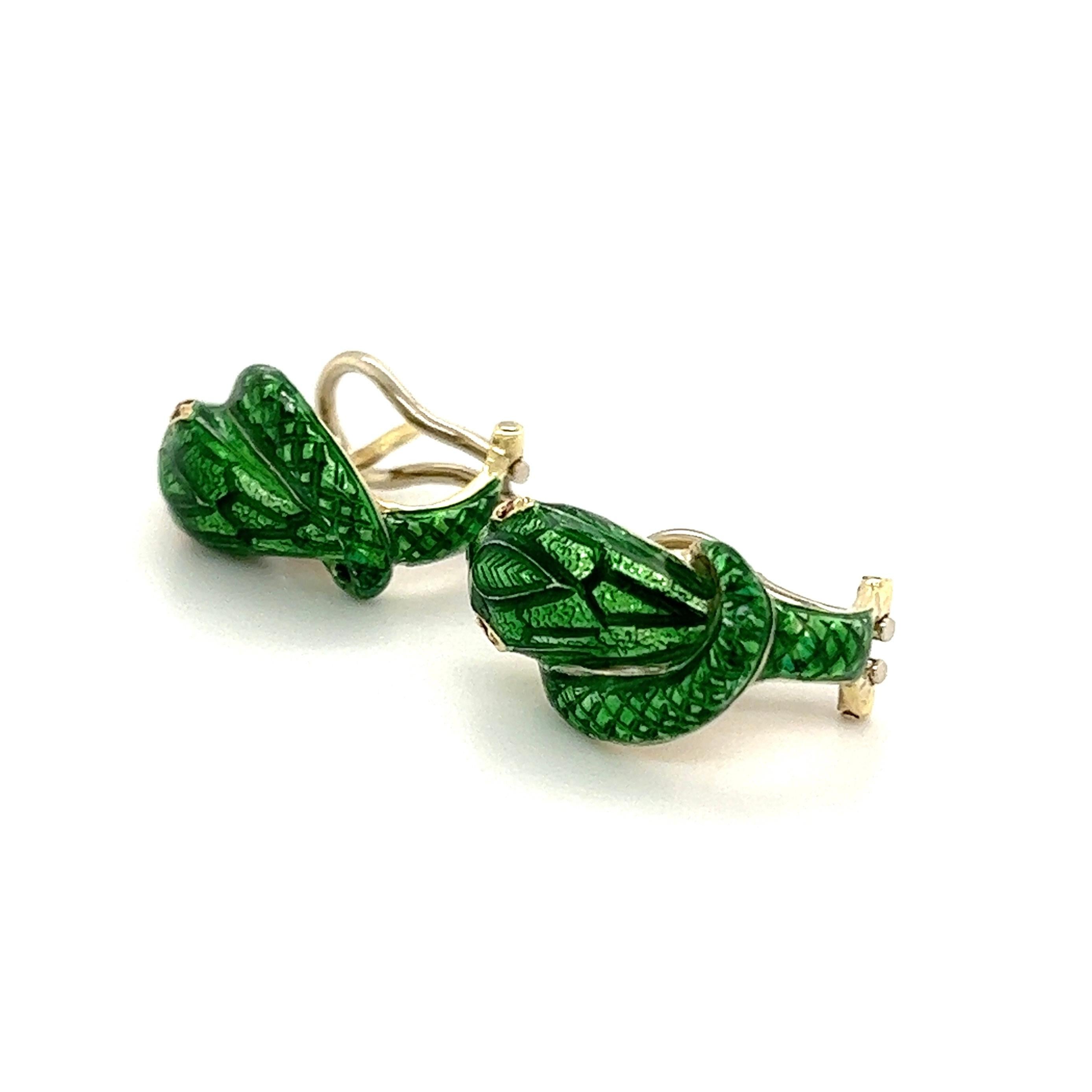 Modern Green Enamel and Ruby Serpent Snake Designer Victor Mayer Gold Earrings For Sale