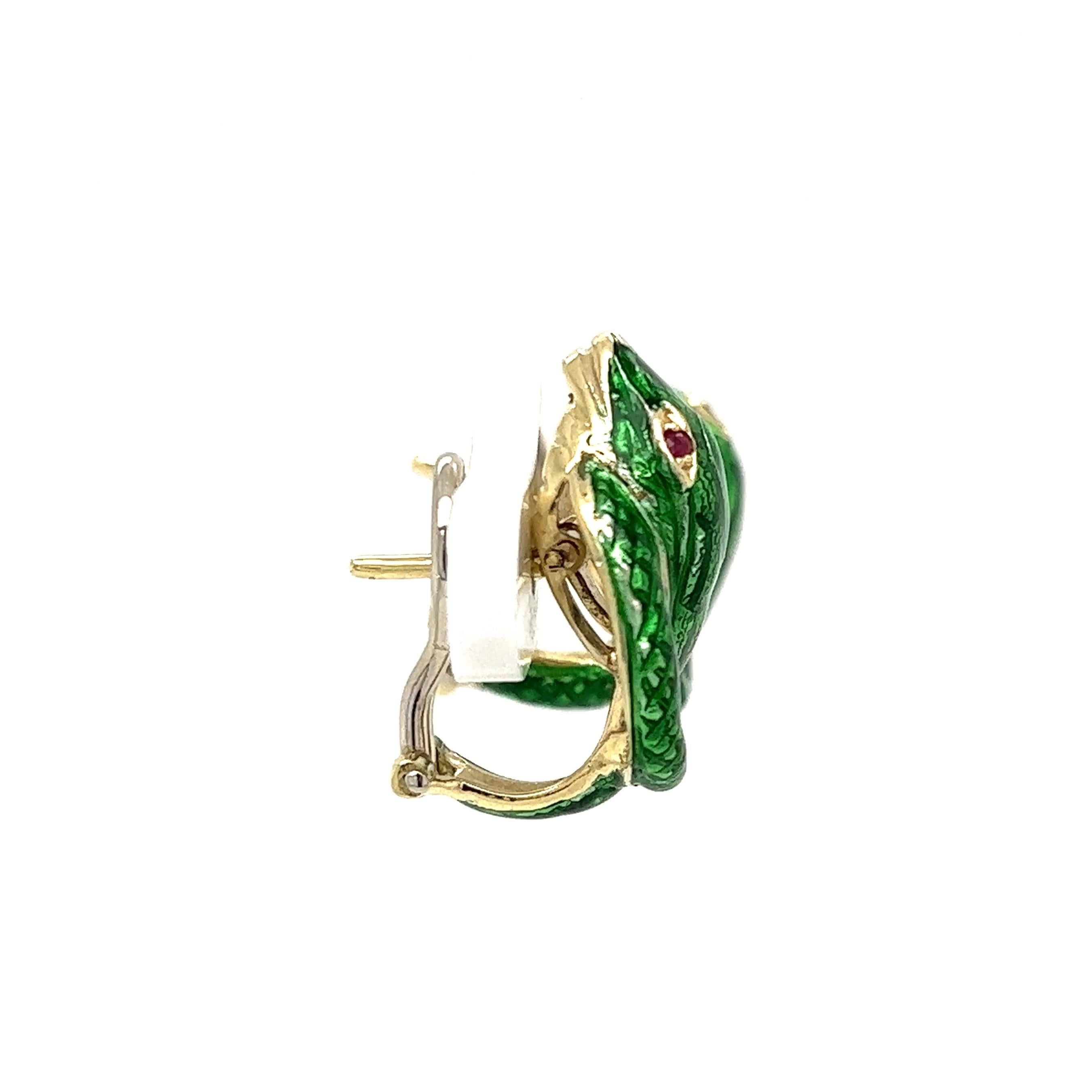 Round Cut Green Enamel and Ruby Serpent Snake Designer Victor Mayer Gold Earrings For Sale