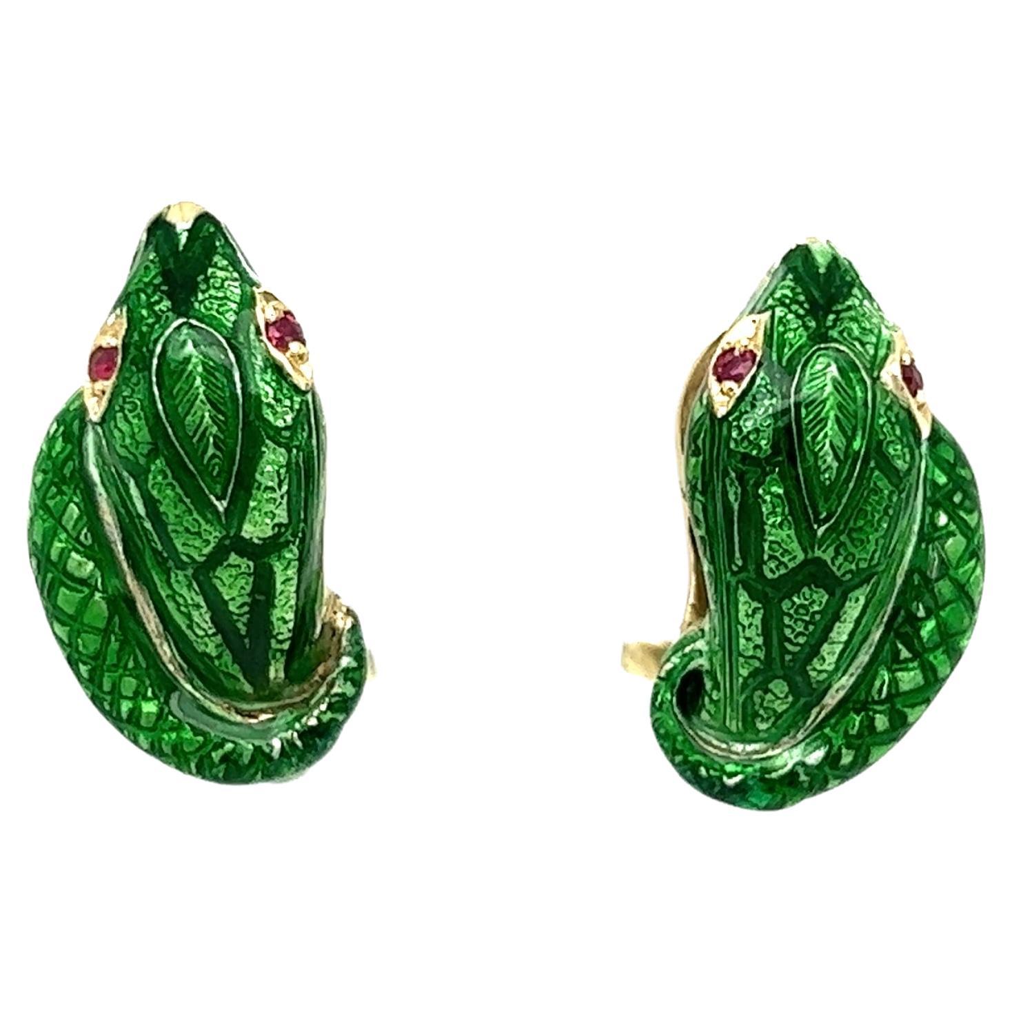 Green Enamel and Ruby Serpent Snake Designer Victor Mayer Gold Earrings