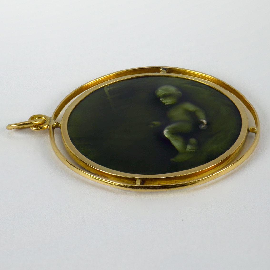 Green Enamel Baby 18k Yellow Gold Charm Pendant In Good Condition In London, GB