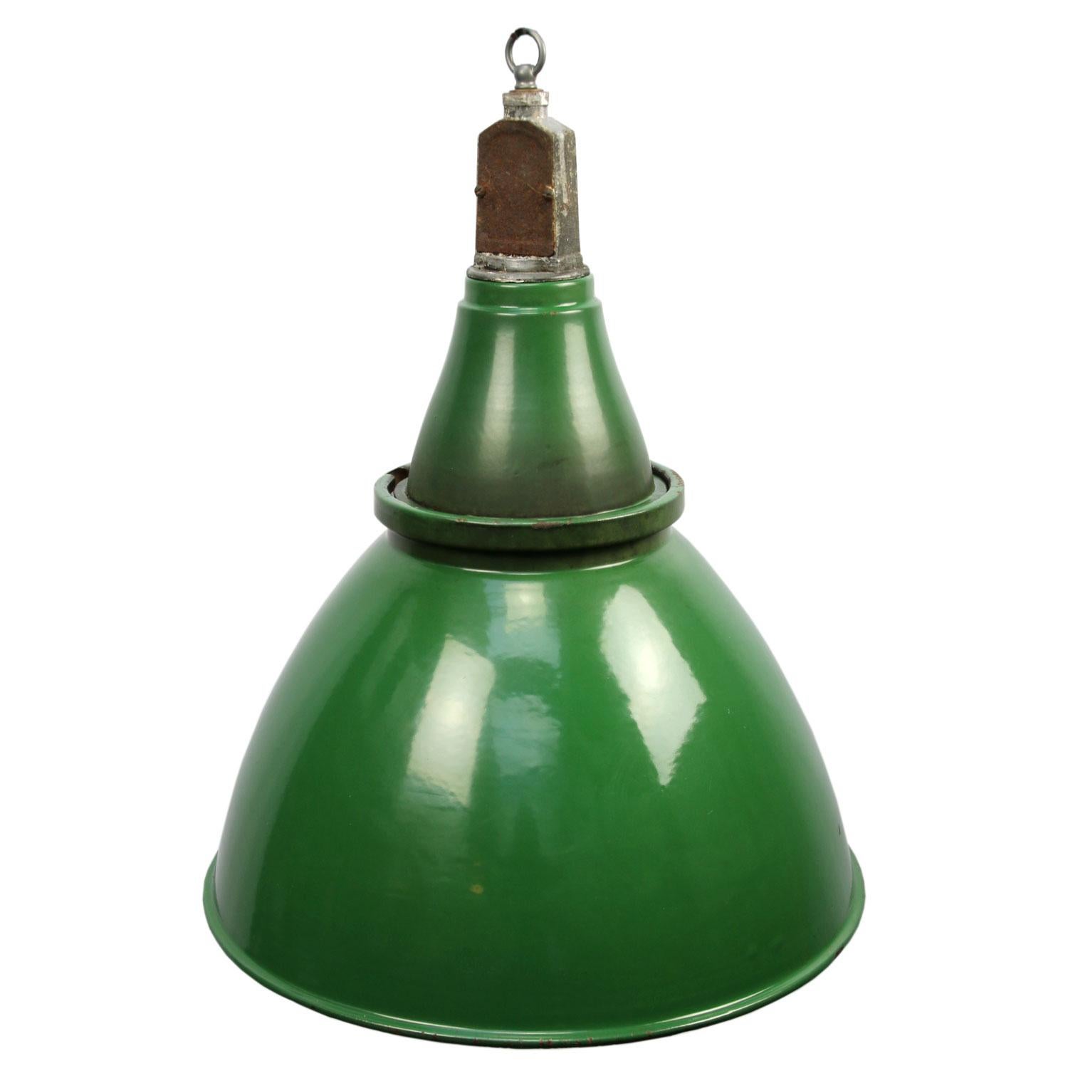 British vintage industrial pendant. Green enamel with white interior. 

Weight: 3.3 kg / 7.3 lb

Priced per individual item. All lamps have been made suitable by international standards for incandescent light bulbs, energy-efficient and LED
