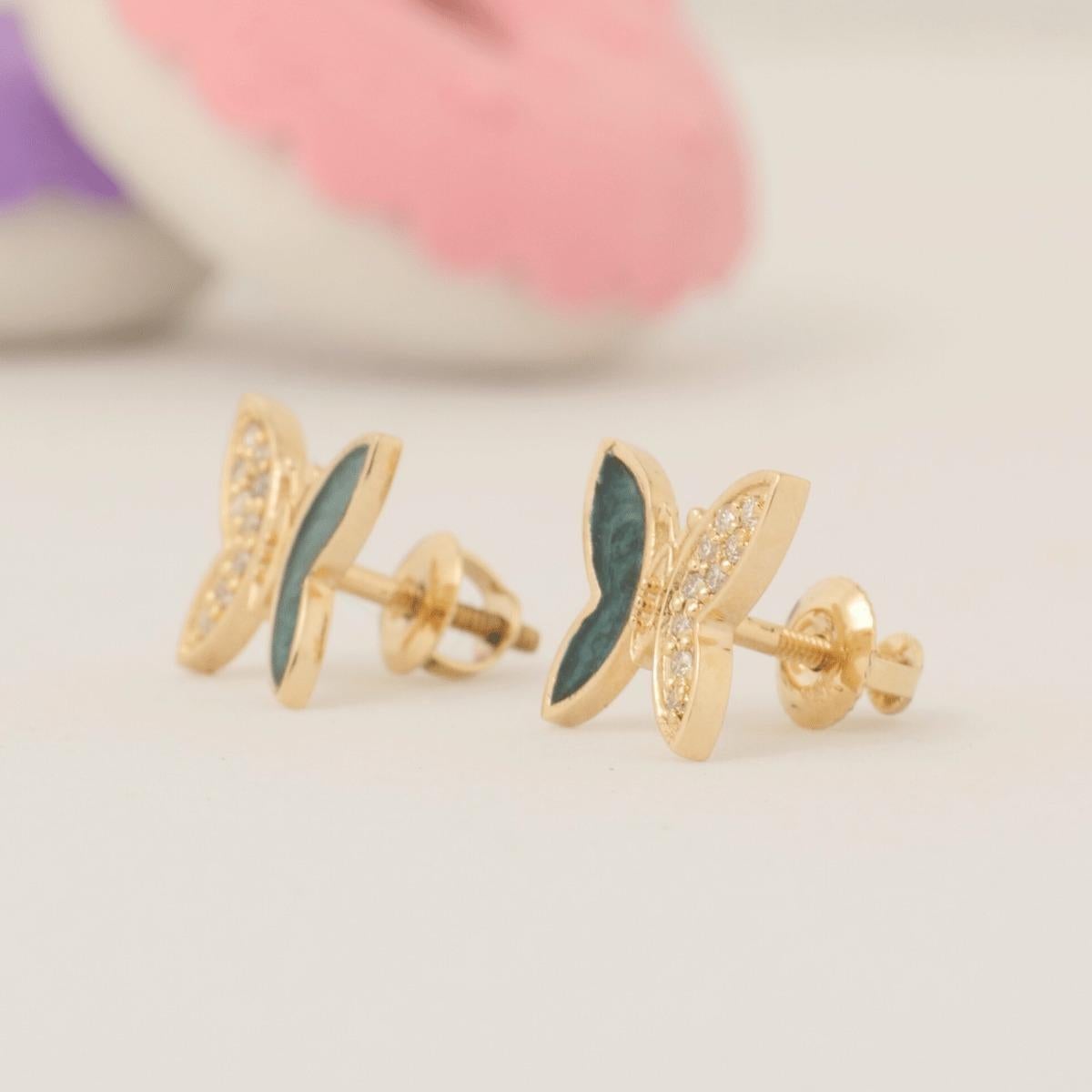 Taille ronde Boucles d'oreilles diamant papillon en émail vert en or massif 14k (certifié) en vente