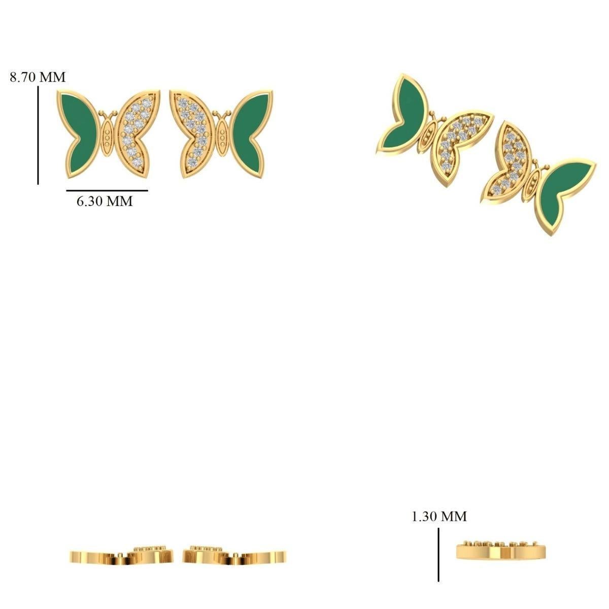 Boucles d'oreilles diamant papillon en émail vert en or massif 14k (certifié) en vente 2