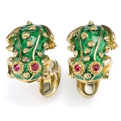 Green Enamel Cufflinks With Ruby Cabochon eyes in 18K Yellow Gold