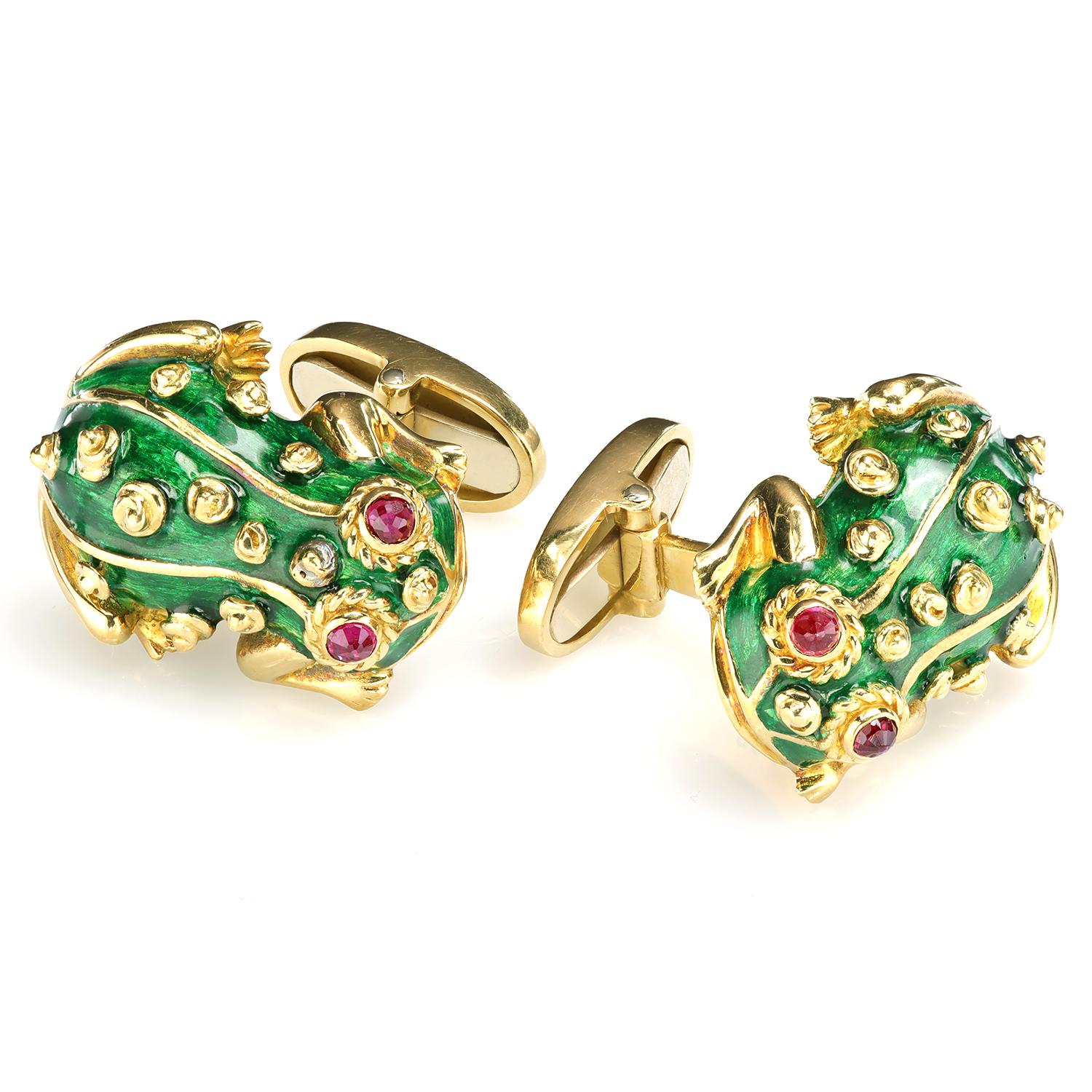 Contemporary Green Enamel Cufflinks With Ruby Cabochon eyes in 18K Yellow Gold For Sale