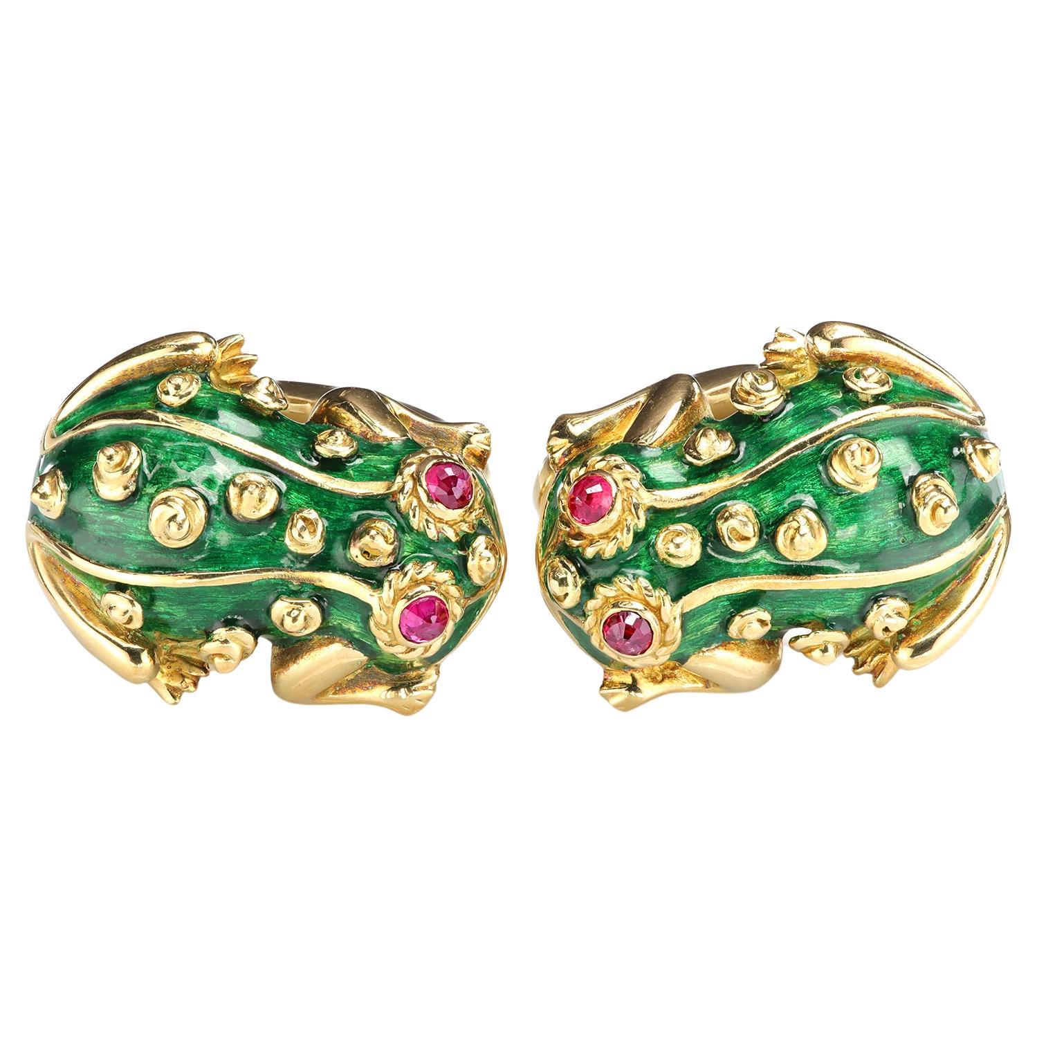 Green Enamel Cufflinks With Ruby Cabochon eyes in 18K Yellow Gold For Sale