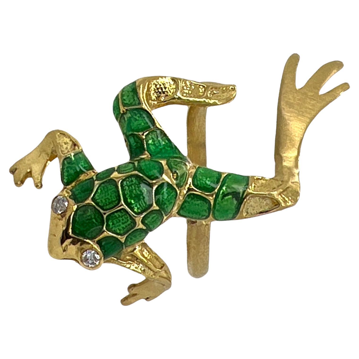 Green Enamel Diamond 18 Karat Yellow Gold Vintage Frog Cocktail Ring