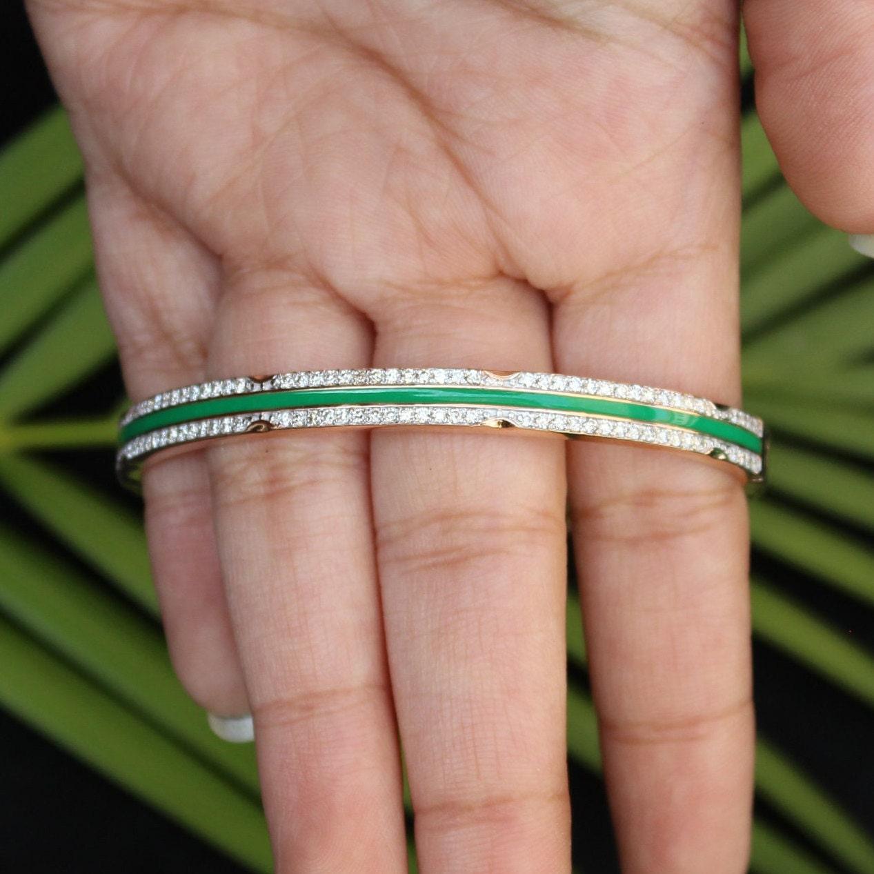 Art Deco Green Enamel Diamond Bangle Bracelet in 14K Solid Gold (Certified) For Sale