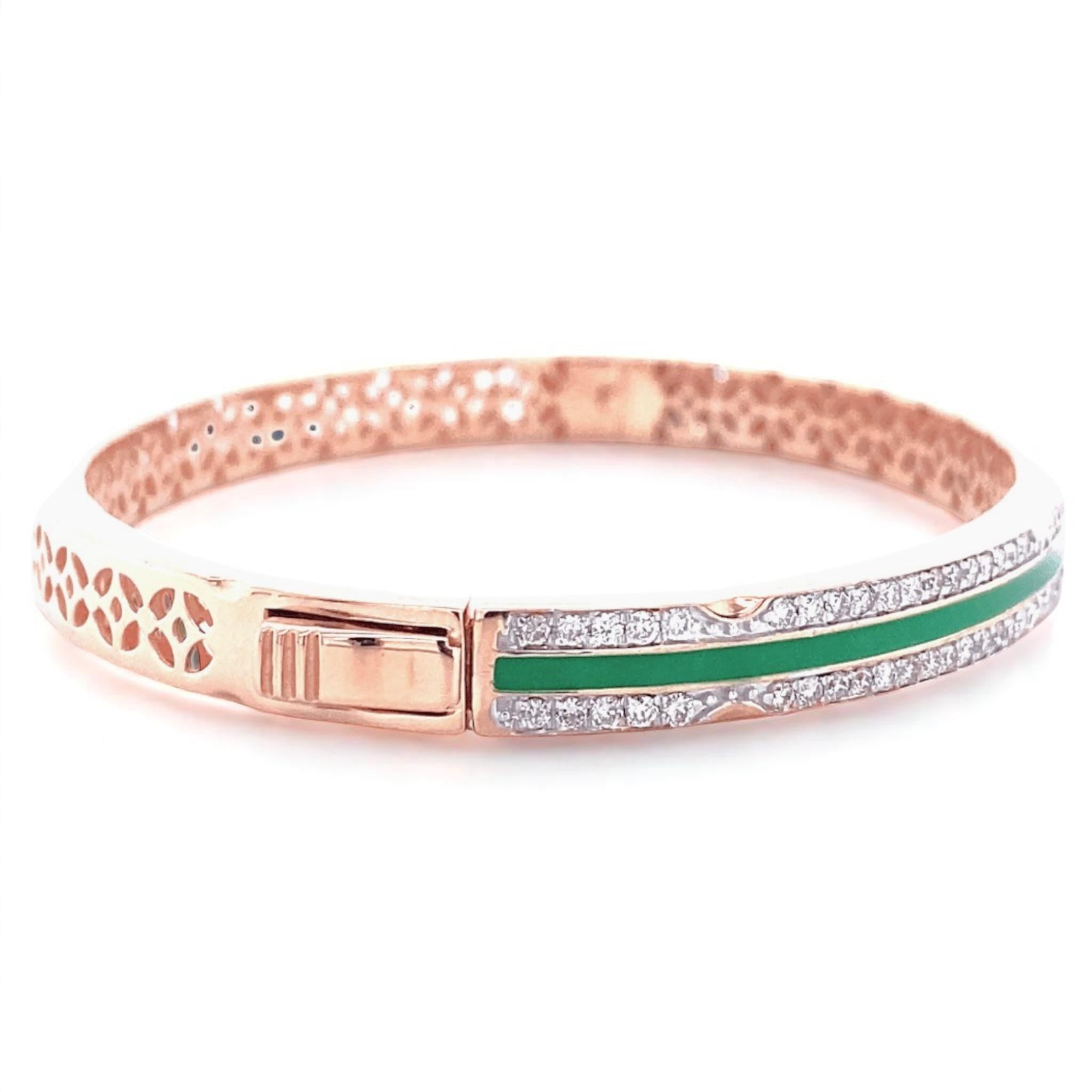 Women's Green Enamel Diamond Bangle Bracelet in 14K Solid Gold (Certified) For Sale