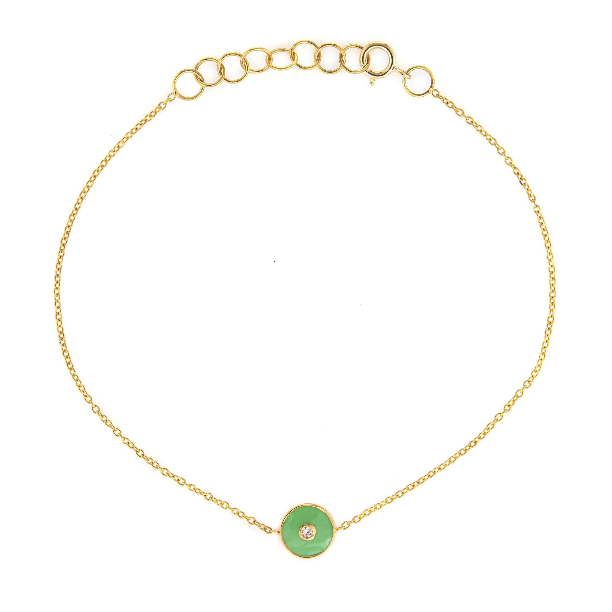 Contemporary Green Enamel Diamond Bracelet 14k Yellow Gold Adjustable Length For Sale