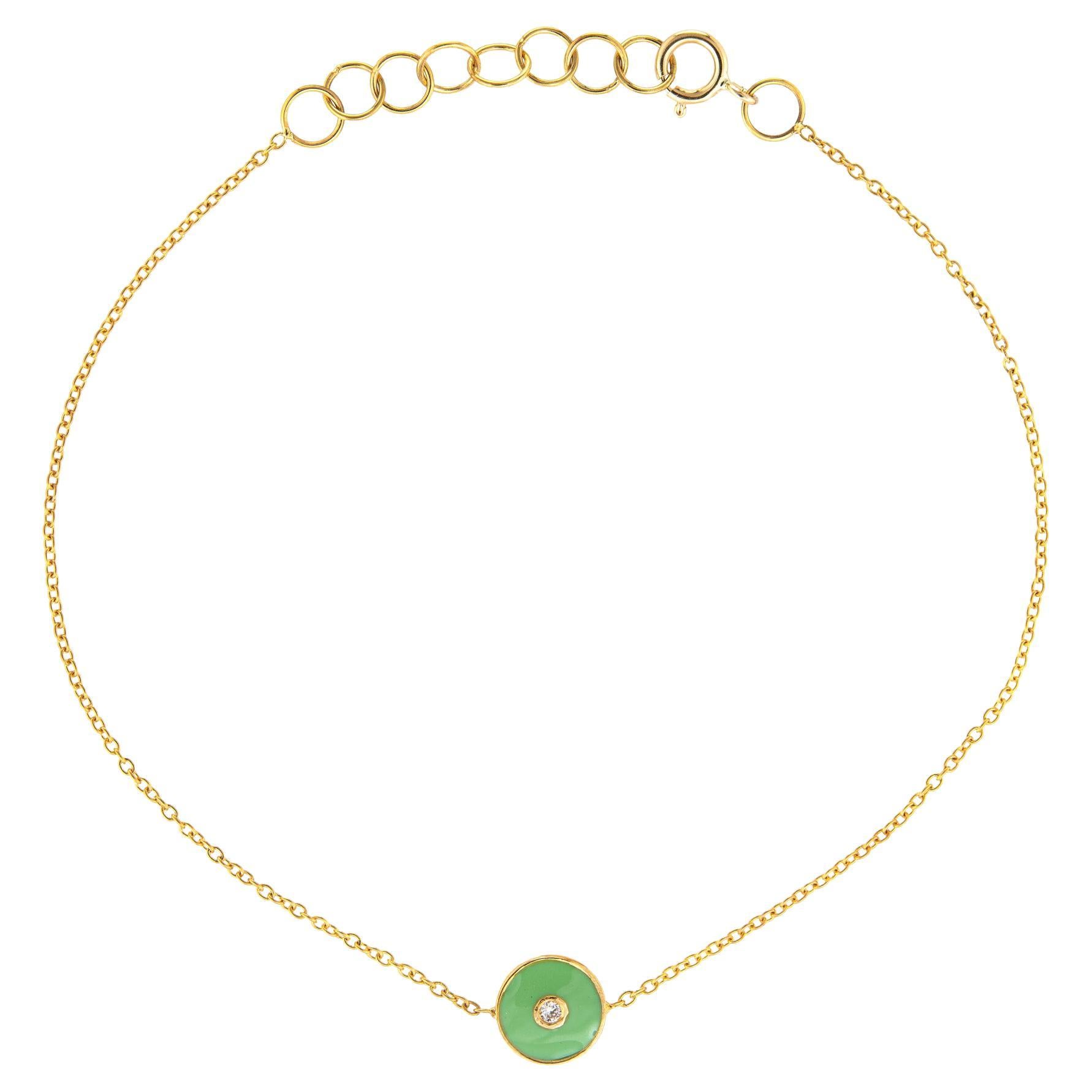 Green Enamel Diamond Bracelet 14k Yellow Gold Adjustable Length For Sale