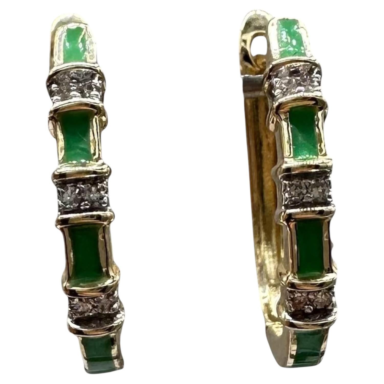 Green Enamel Diamond Earrings 14K Yellow Gold 0.05ctw GH SI For Sale