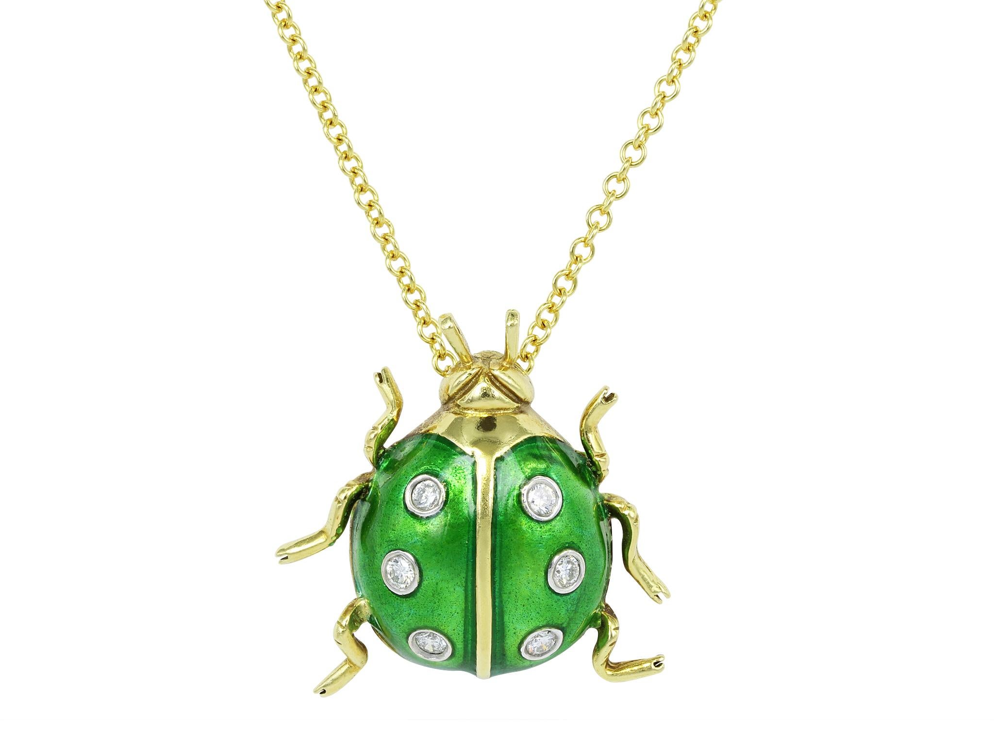 18 karat yellow gold green enamel with full diamond accents estate ladybug pendant.