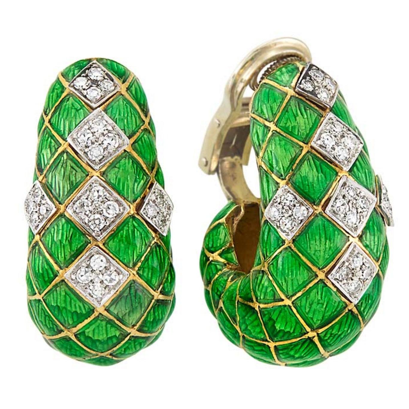Green Enamel Diamond Gold Hoop Ear Clips In Excellent Condition For Sale In New York, NY