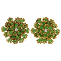 Green Enamel Diamond Yellow Nugget Gold Flower Earrings