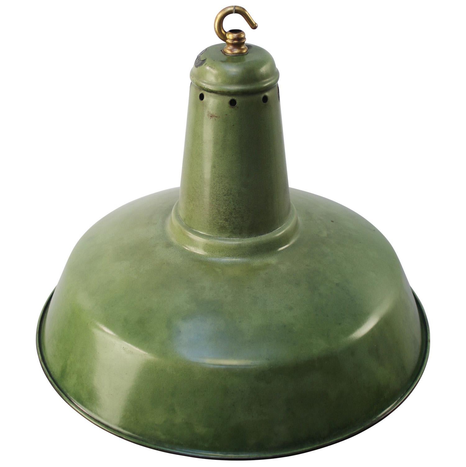 Rare Green French Enamel Factory Pendant Light
Thick quality Enamel.
Used in warehouses and factories. 

Weight: 2.00 kg / 4.4 lb

Priced per individual item. All lamps have been made suitable by international standards for incandescent light bulbs,