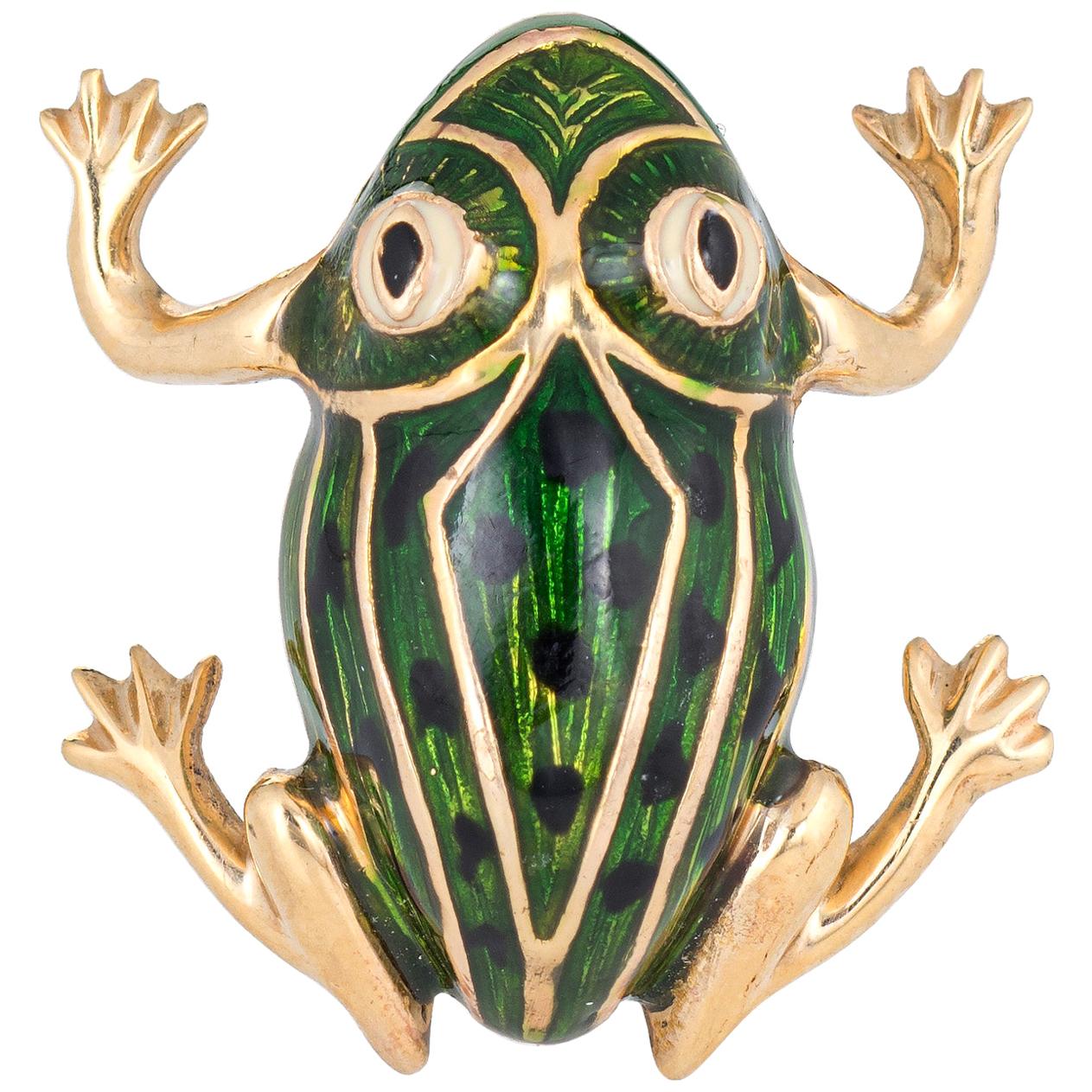 Green Enamel Frog Brooch Vintage 14 Karat Gold Black Spots Estate Fine Jewelry For Sale