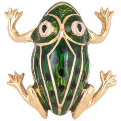 Green Enamel Frog Brooch Vintage 14 Karat Gold Black Spots Estate Fine Jewelry