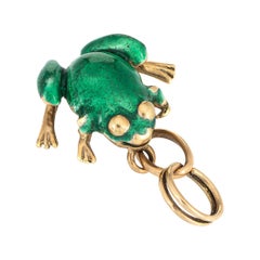 Green Enamel Frog Charm Vintage 14k Yellow Gold Pendant Estate Fine Jewelry