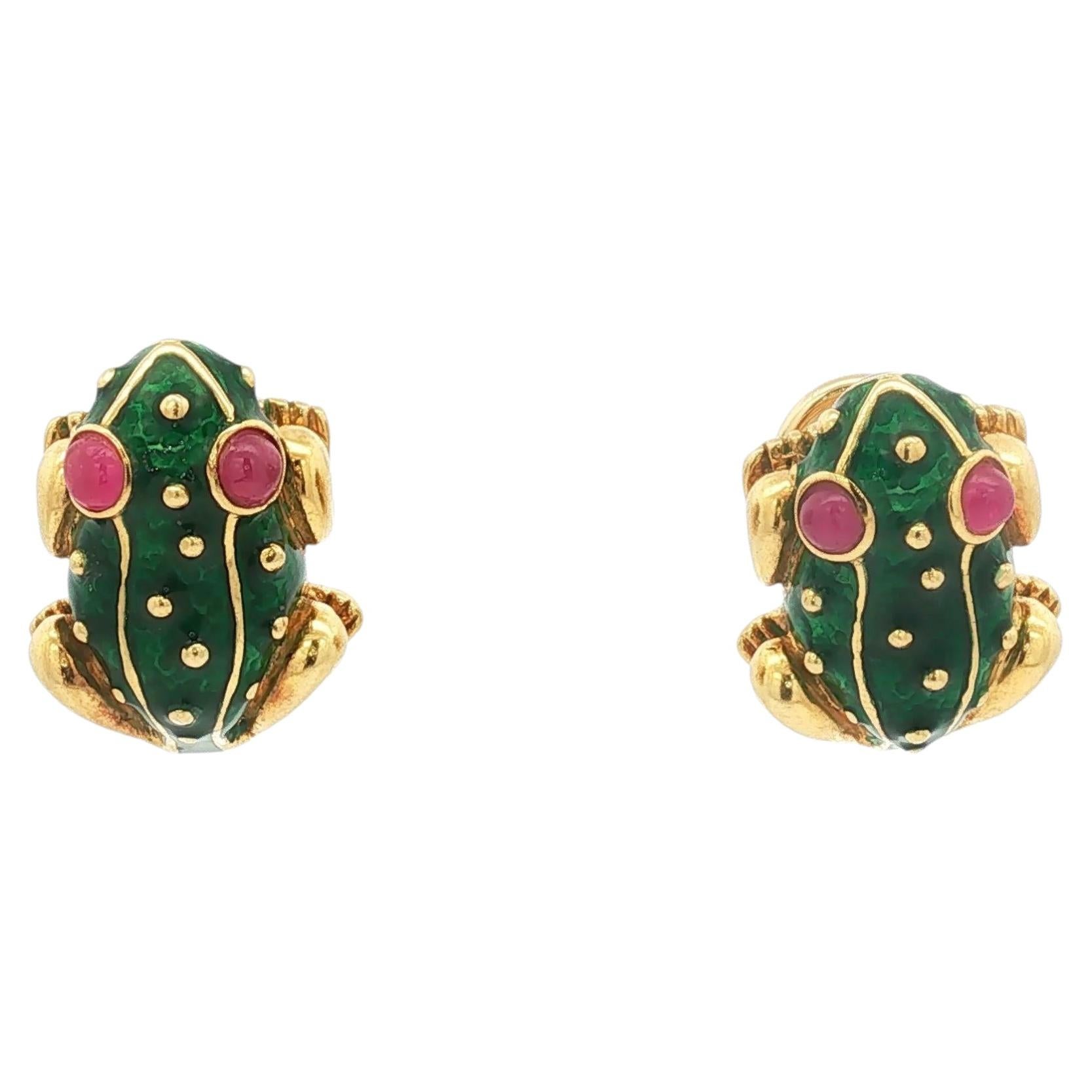 Pendientes de clip con forma de rana de esmalte verde y ojos de rubí en cabujón