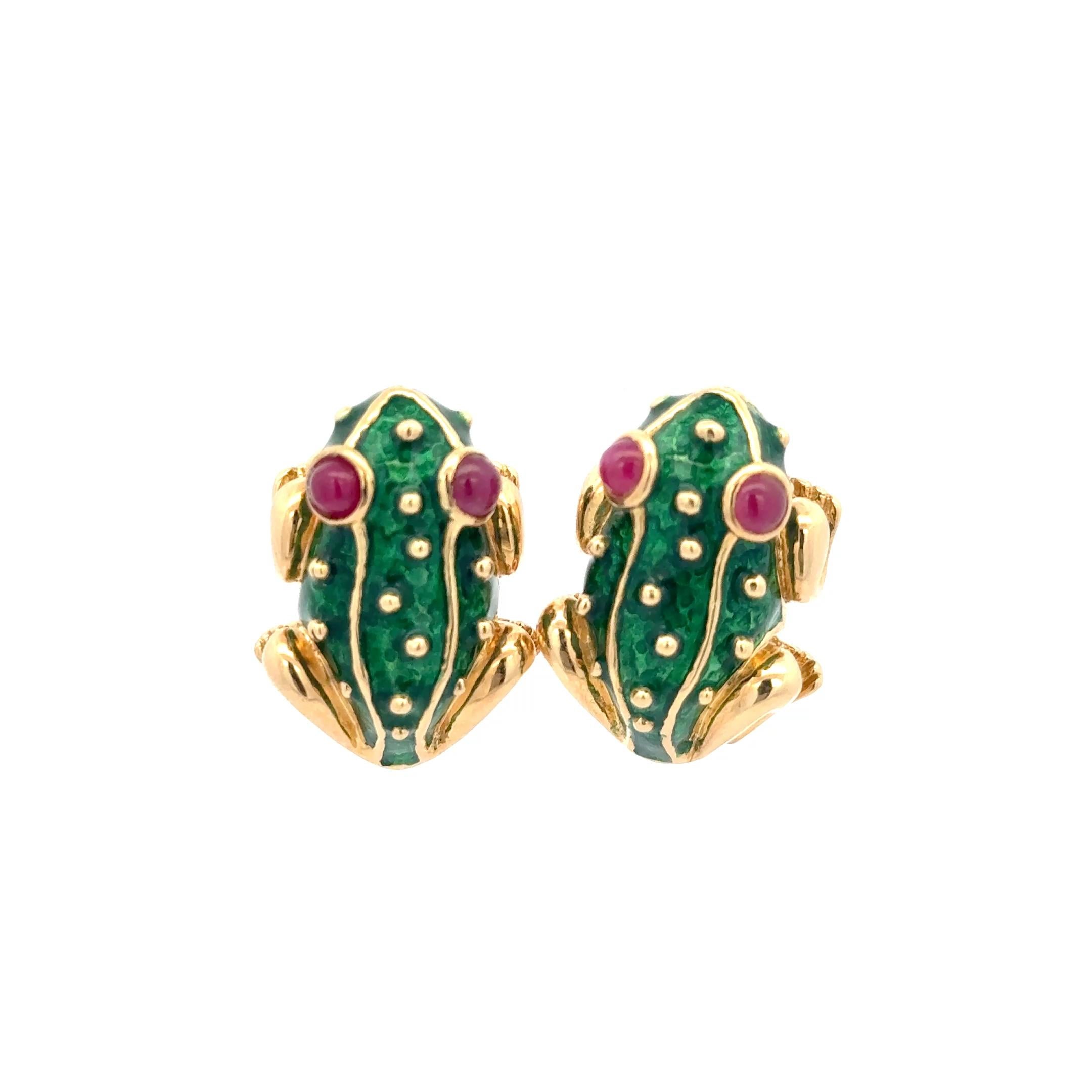 Cabochon Green Enamel Frog Earrings 14K Yellow Gold For Sale