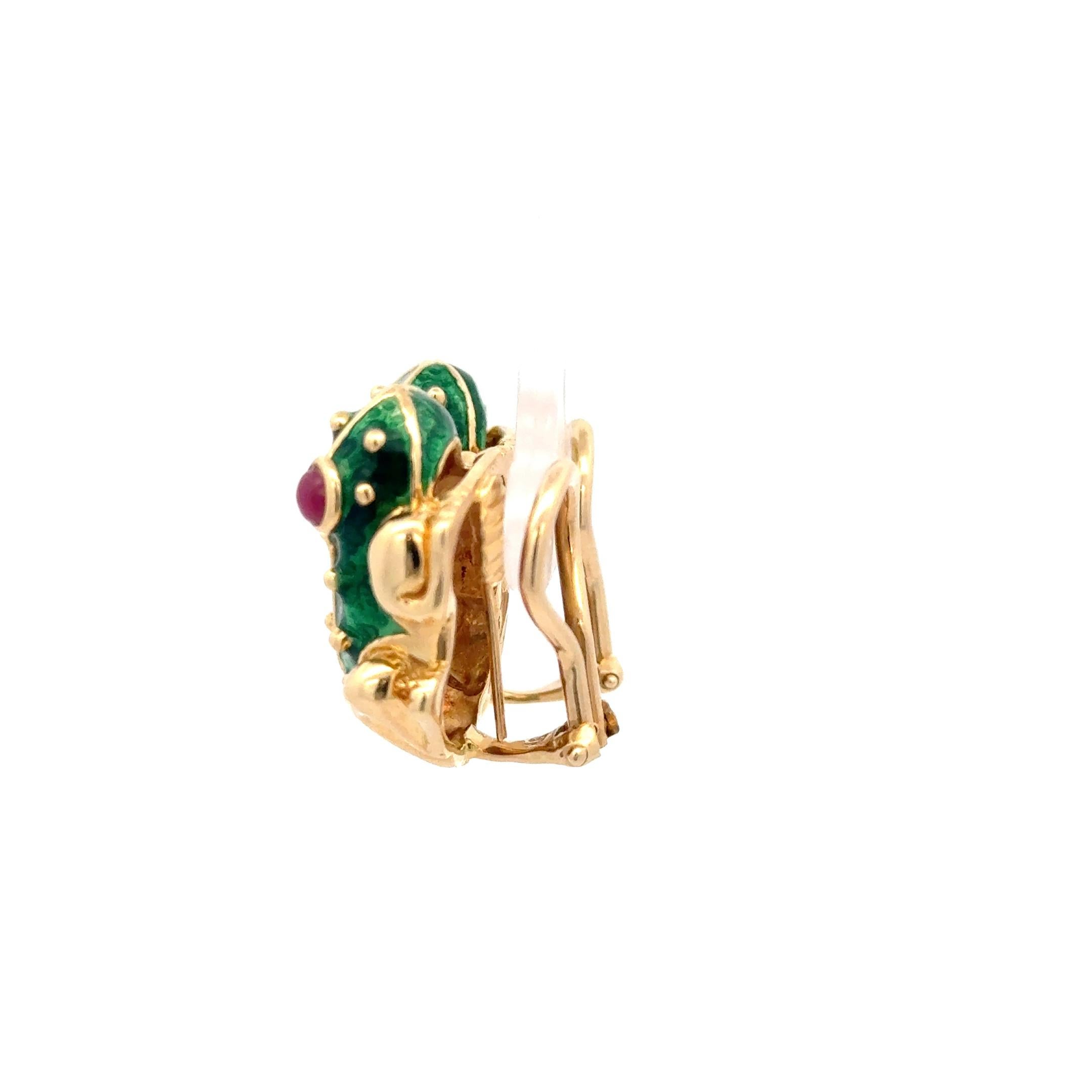 Women's Green Enamel Frog Earrings 14K Yellow Gold For Sale