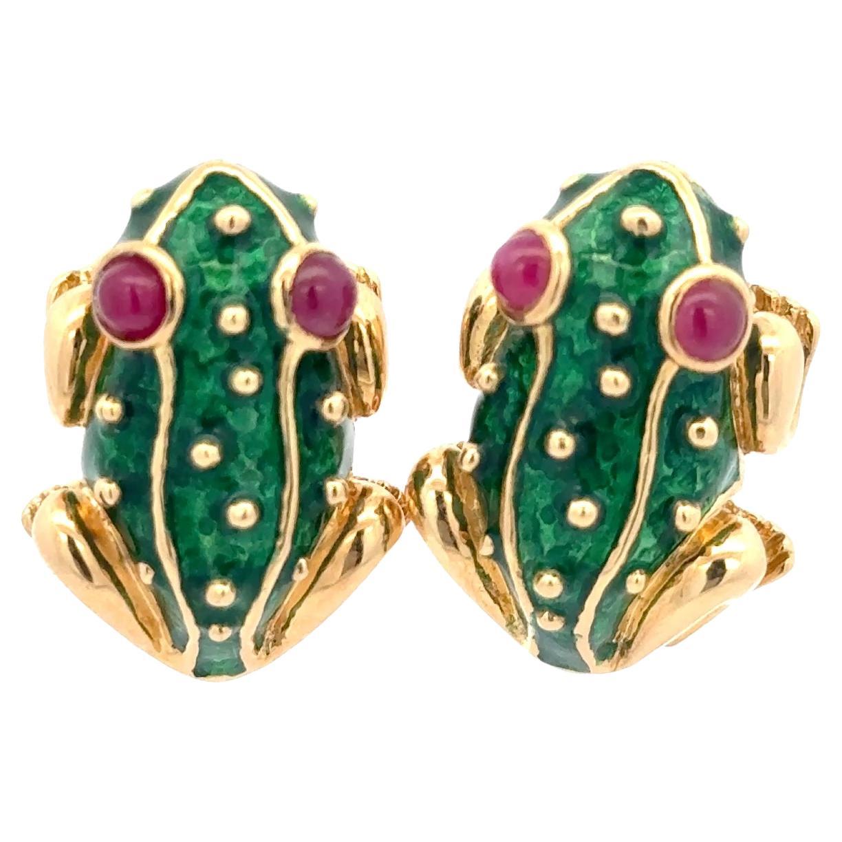Green Enamel Frog Earrings 14K Yellow Gold