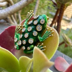 Green Enamel Frog Pin, Circa 1980, in 18 Karat Gold with 0.40 Carats Diamonds