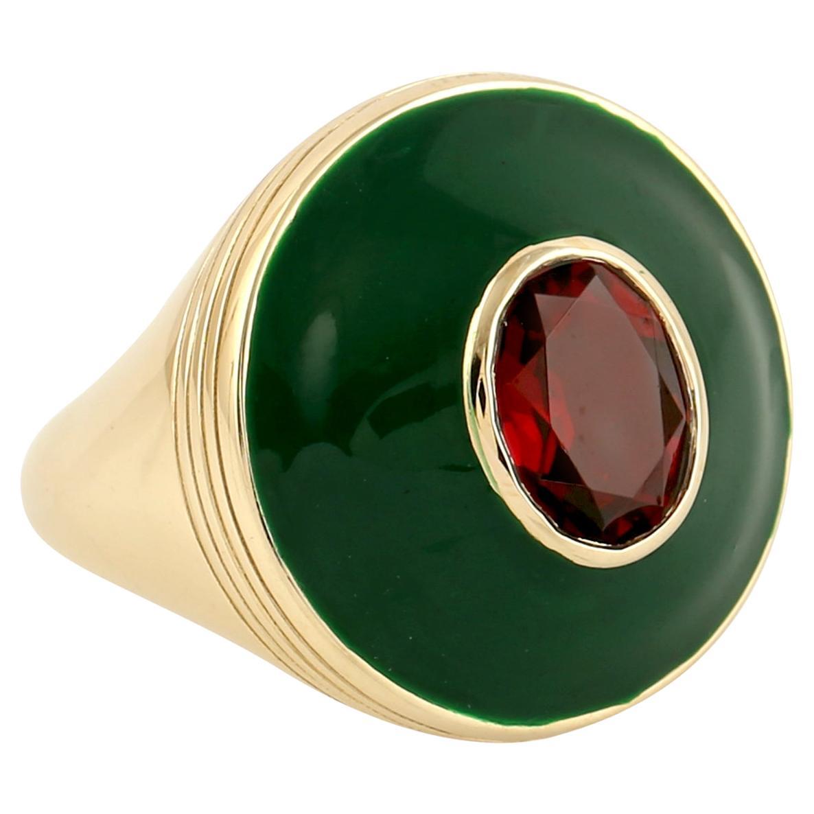 Green Enamel Garnet 14 Karat Gold Ring