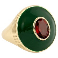 Green Enamel Garnet 14 Karat Gold Ring