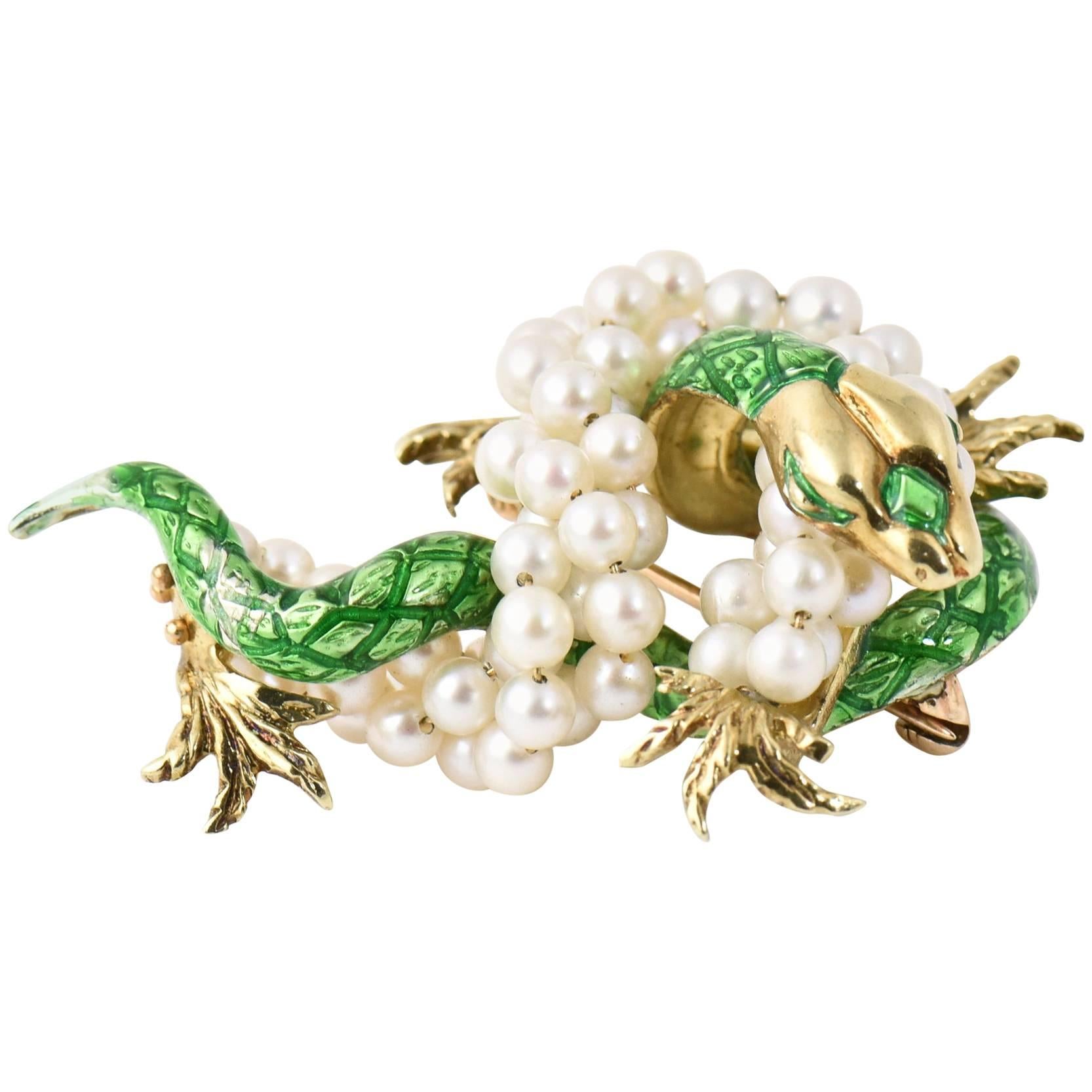 Green Enamel Gold Snake Brooch with Cultured Pearl Accents