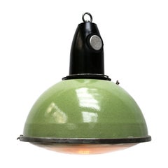 Green Enamel Vintage Industrial Bakelite Top Holophane Glass Pendant Lights