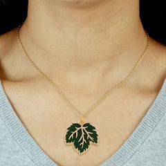 Green Enamel Pave Diamond Leaf 14k Yellow Gold Pendant