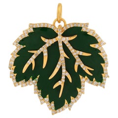 Green Enamel Pave Diamond Leaf 14k Yellow Gold Pendant